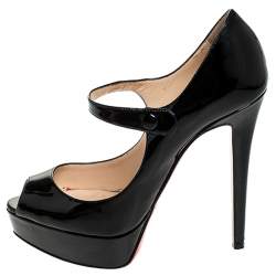 Pre Owned Christian Louboutin Black Patent Leather Zeppa Peep Toe Mary Jane Pumps Size 37.5