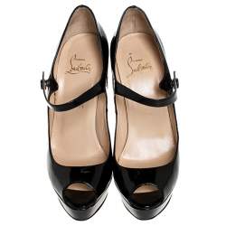 Pre Owned Christian Louboutin Black Patent Leather Zeppa Peep Toe Mary Jane Pumps Size 37.5