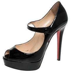 Pre Owned Christian Louboutin Black Patent Leather Zeppa Peep Toe Mary Jane Pumps Size 37.5