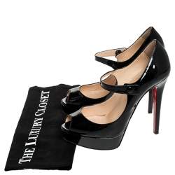 Pre Owned Christian Louboutin Black Patent Leather Zeppa Peep Toe Mary Jane Pumps Size 37.5