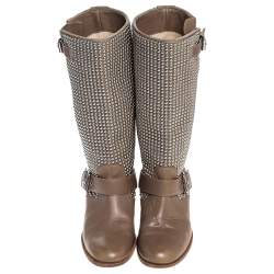Pre Owned Christian Louboutin Beige Leather Studded Buckle Detail Mid Calf Boots Size 37