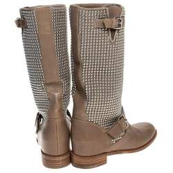 Pre Owned Christian Louboutin Beige Leather Studded Buckle Detail Mid Calf Boots Size 37