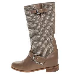 Pre Owned Christian Louboutin Beige Leather Studded Buckle Detail Mid Calf Boots Size 37
