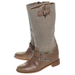 Pre Owned Christian Louboutin Beige Leather Studded Buckle Detail Mid Calf Boots Size 37