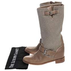 Pre Owned Christian Louboutin Beige Leather Studded Buckle Detail Mid Calf Boots Size 37