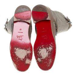 Pre Owned Christian Louboutin Beige Leather Studded Buckle Detail Mid Calf Boots Size 37