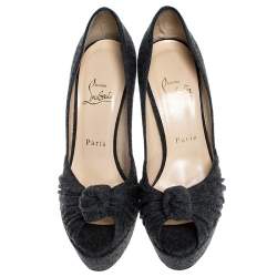 Pre Owned Christian Louboutin Grey Wool Jenny Platform Knot Peep Toe Pumps Size 37.5