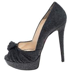 Pre Owned Christian Louboutin Grey Wool Jenny Platform Knot Peep Toe Pumps Size 37.5