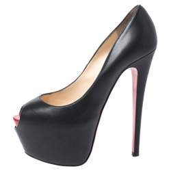 Pre Owned Christian Louboutin Black Leather Highness Peep Toe Platform Pumps Size 37.5