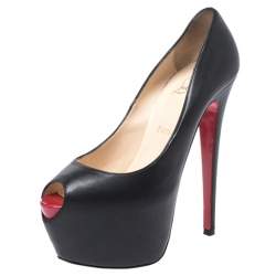 Pre Owned Christian Louboutin Black Leather Highness Peep Toe Platform Pumps Size 37.5