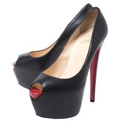 Pre Owned Christian Louboutin Black Leather Highness Peep Toe Platform Pumps Size 37.5