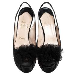 Pre Owned Christian Louboutin Black Satin Private Number Peep Toe Slingback Sandals Size 39