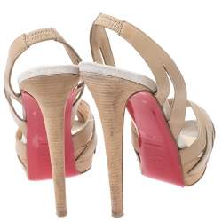Pre Owned Christian Louboutin Beige Cutout Leather Peep Toe Platform Slingback Sandals Size 38