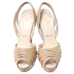 Pre Owned Christian Louboutin Beige Cutout Leather Peep Toe Platform Slingback Sandals Size 38