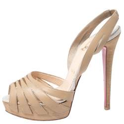 Pre Owned Christian Louboutin Beige Cutout Leather Peep Toe Platform Slingback Sandals Size 38