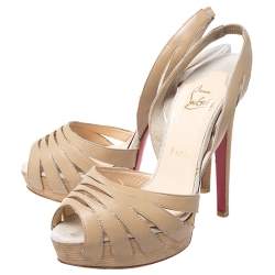 Pre Owned Christian Louboutin Beige Cutout Leather Peep Toe Platform Slingback Sandals Size 38