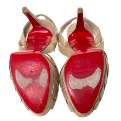 Pre Owned Christian Louboutin Beige Cutout Leather Peep Toe Platform Slingback Sandals Size 38