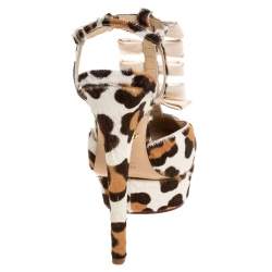 Charlotte Olympia Brown/White Leopard Print Calfhair and Satin Bow T-Strap Platform Sandals Size 39