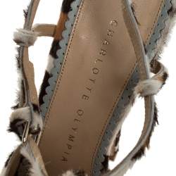 Charlotte Olympia Brown/White Leopard Print Calfhair and Satin Bow T-Strap Platform Sandals Size 39
