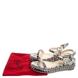 Pre Owned Christian Louboutin Black/White Studded Leather Cataclou Espadrille Wedge Sandals Size 37