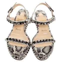 Pre Owned Christian Louboutin Black/White Studded Leather Cataclou Espadrille Wedge Sandals Size 37