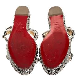 Pre Owned Christian Louboutin Black/White Studded Leather Cataclou Espadrille Wedge Sandals Size 37