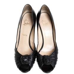 Pre Owned  Christian Louboutin Black Leather Knot Peep Toe Pumps Size 38