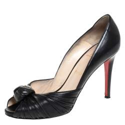 Pre Owned  Christian Louboutin Black Leather Knot Peep Toe Pumps Size 38