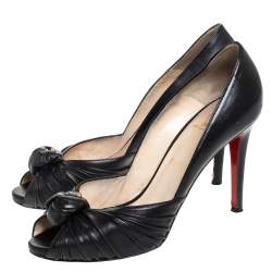 Pre Owned  Christian Louboutin Black Leather Knot Peep Toe Pumps Size 38