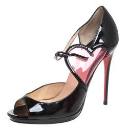 Christian Louboutin Black Patent Leather Cora Heart Detail Open Toe Ankle Strap Pumps Size 38