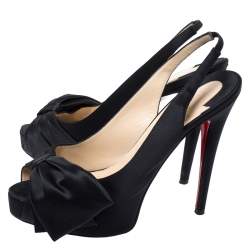 Pre Owned Christian Louboutin Black Satin Bow Slingback Platform Sandals Size 39.5