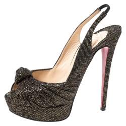 Pre Owned Christian Louboutin Black/Gold Glitter Fabric Jenny Knotted Slingback Pumps Size 39.5