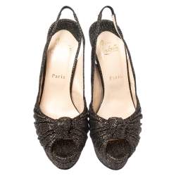 Pre Owned Christian Louboutin Black/Gold Glitter Fabric Jenny Knotted Slingback Pumps Size 39.5