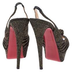 Pre Owned Christian Louboutin Black/Gold Glitter Fabric Jenny Knotted Slingback Pumps Size 39.5