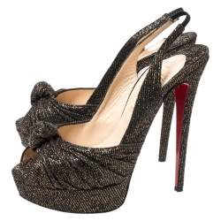 Pre Owned Christian Louboutin Black/Gold Glitter Fabric Jenny Knotted Slingback Pumps Size 39.5