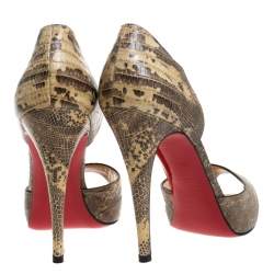 Pre Owned Christian Louboutin Beige/Brown Lizard Leather Madame Claude Peep Toe Pumps Size 39.5
