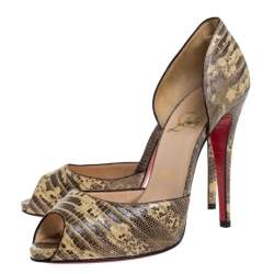 Pre Owned Christian Louboutin Beige/Brown Lizard Leather Madame Claude Peep Toe Pumps Size 39.5