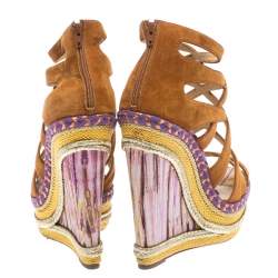 Pre Owned Christian Louboutin Brown Suede Caged Espadrille Tosca Wedge Sandals Size 39
