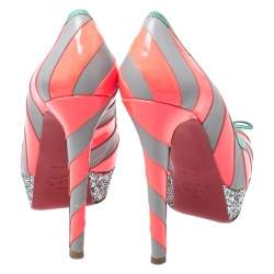 Christian Louboutin Fluorescent Pink/Grey Striped Leather Foraine Glitter Platform Pumps Size 37.5