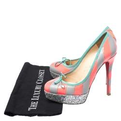 Christian Louboutin Fluorescent Pink/Grey Striped Leather Foraine Glitter Platform Pumps Size 37.5