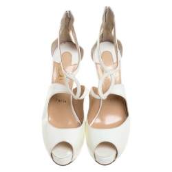 Pre Owned Christian Louboutin White Patent Leather Strappy Platform Sandals Size 37.5