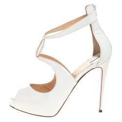 Pre Owned Christian Louboutin White Patent Leather Strappy Platform Sandals Size 37.5