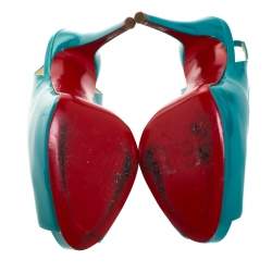 Pre Owned Christian Louboutin Green Patent Leather Lady Peep Slingback Pumps Size 38