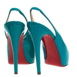 Pre Owned Christian Louboutin Green Patent Leather Lady Peep Slingback Pumps Size 38