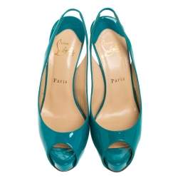 Pre Owned Christian Louboutin Green Patent Leather Lady Peep Slingback Pumps Size 38