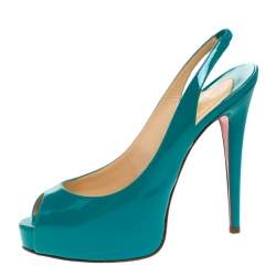 Pre Owned Christian Louboutin Green Patent Leather Lady Peep Slingback Pumps Size 38