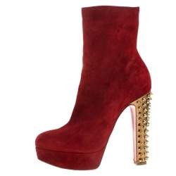 Pre Owned Christian Louboutin Red Suede Studded Heel Taclou Ankle Boots Size 37