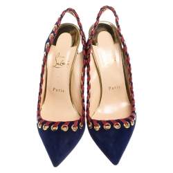 مملوكة مسبقًا صندل كريستيان لوبوتان "أوستري" مزين بغرز لفق و بفتحة كعب جلد و سويدي أزرق و أحمر مقاس 40