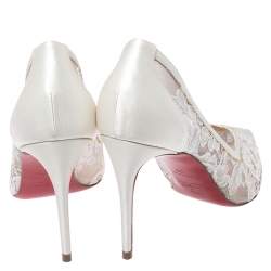 Pre Owned Christian Louboutin White Satin and Lace Neoalto Pointed Toe Pumps Size 38