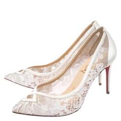 Pre Owned Christian Louboutin White Satin and Lace Neoalto Pointed Toe Pumps Size 38